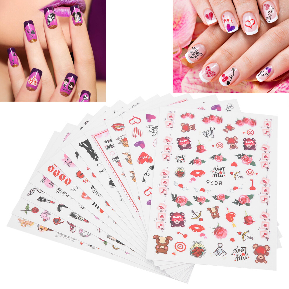 Valentine's Day Nail Decals 12 Sheets Red Lips Heart Shape Nail Art