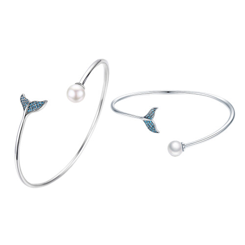 Simple S925 Pure Silver Open Bracelet Tail Shell Pearl 1