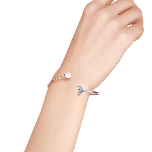 Simple S925 Pure Silver Open Bracelet Tail Shell Pearl
