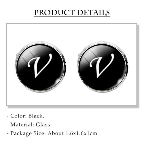 2Pcs Glass Cuff Link Sleeve Button Round V Letter Pattern For Men 1