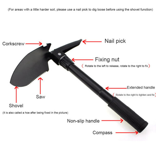 Multifunctional Carbon Steel Foldable Camping Shovel with Storage Bag