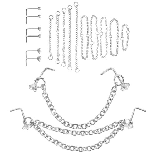 2 Sets Metal Nose Studs With Chain For Women 2