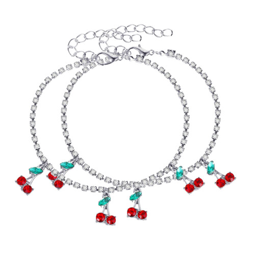 Cherry Dangle Anklet Bracelet For Women Rhinestone Adjustable