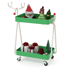 2-Tier Christmas Rolling Cart Reindeer Side Table With Lockable Wheels
