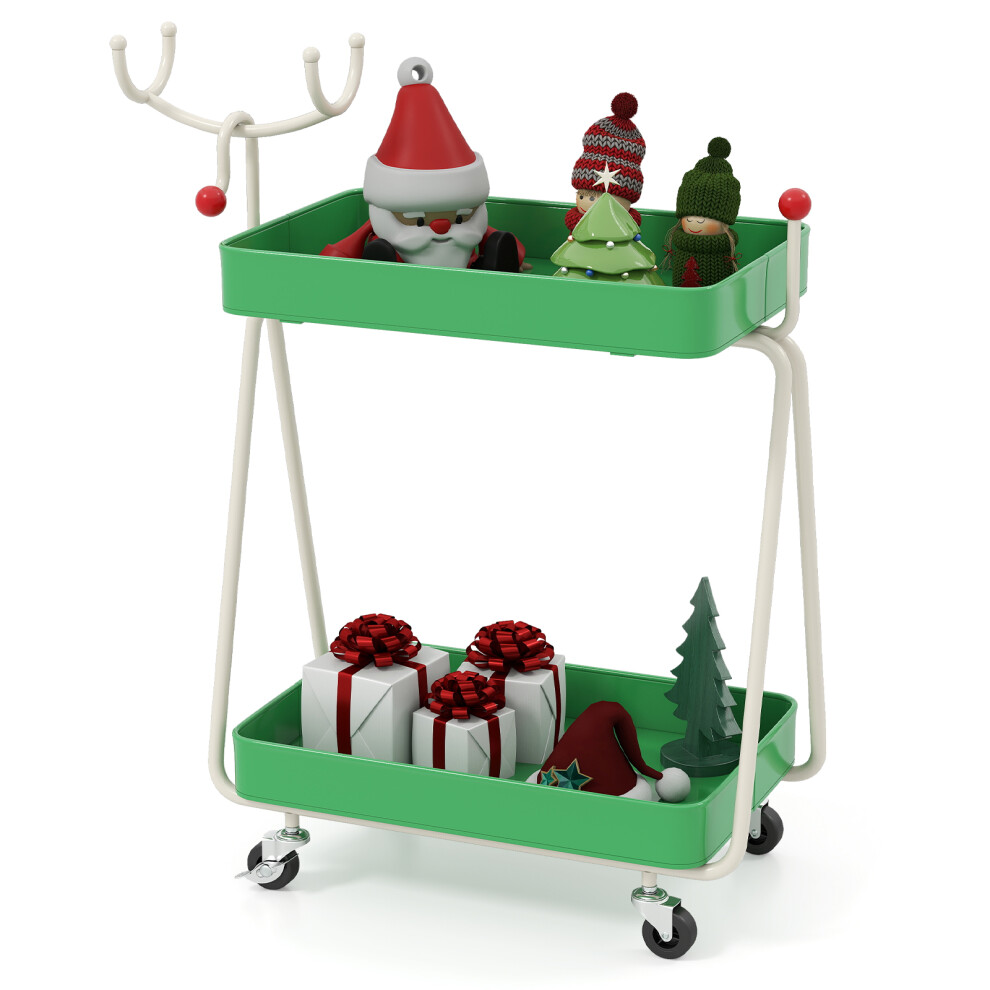 Costway 2-Tier Christmas Rolling Cart Reindeer Side Table With Lockable Wheels