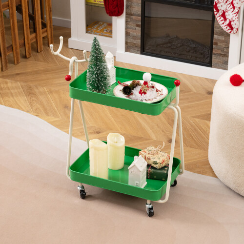 Costway 2-Tier Christmas Rolling Cart Reindeer Side Table With Lockable Wheels 2