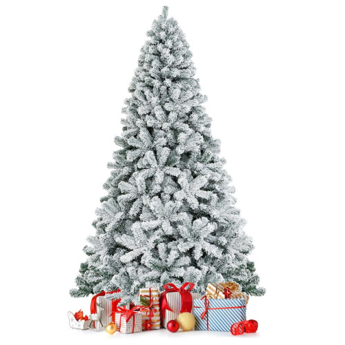 Costway 7.5 FT Snow Flocked Christmas Tree 1010 Branch Tips Hinged Xmas Tree