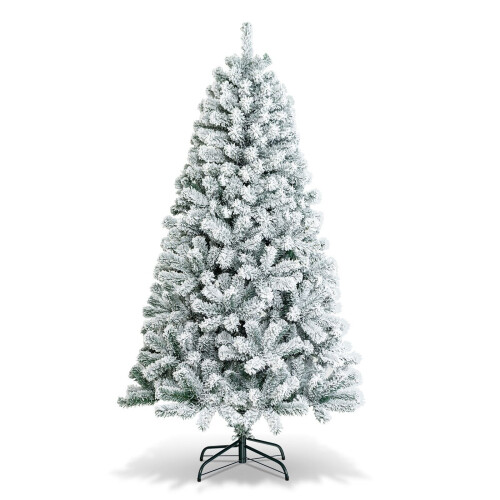 Costway 6 FT Snow Flocked Christmas Tree 600 Branch Tips Hinged Xmas Tree