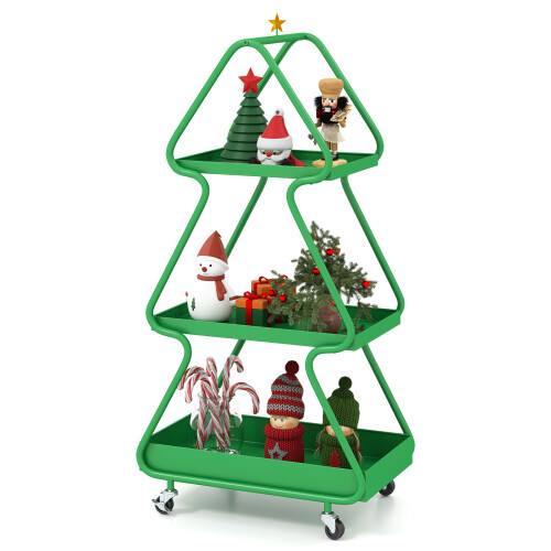 Costway 3-Tier Rolling Cart Metal Christmas Tree Shape Side End Table Nightstand