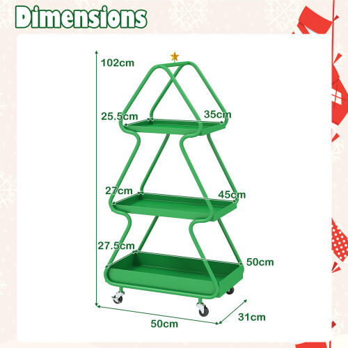 Costway 3-Tier Rolling Cart Metal Christmas Tree Shape Side End Table Nightstand 1