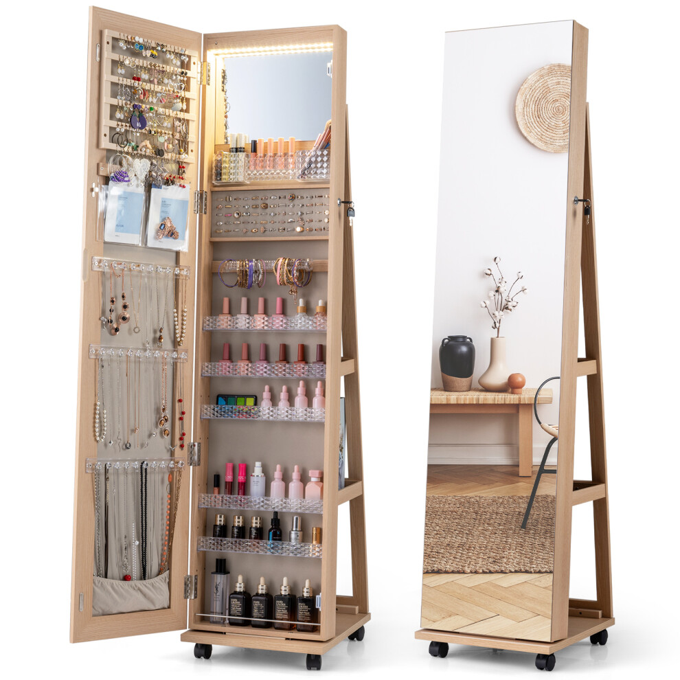 Casart Jewellery Cabinet 360 Swivel Mirror Jewelry Shelves With Lights