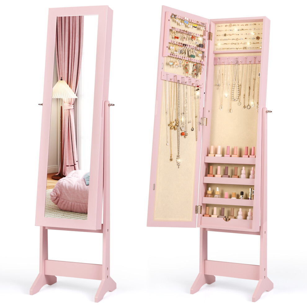 Casart Mirrored Jewellery Armoire Tilting Standing Jewelry Cabinet-Pink