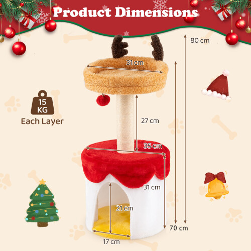 Costway 80 CM Christmas Cat Tree With Bed Cat Tower With Sisal Scratching Post 1