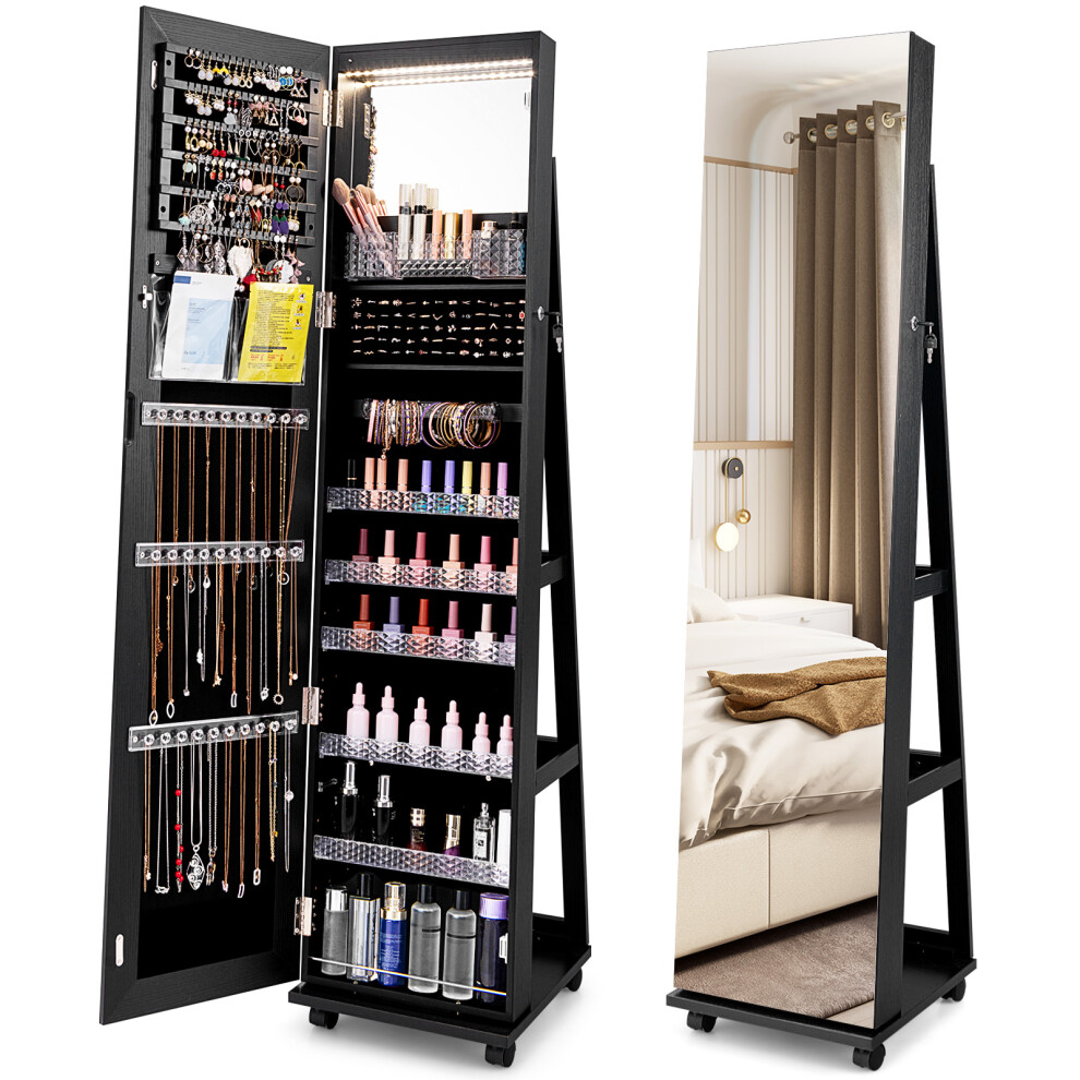 Casart Jewellery Cabinet 360 Swivel Mirror Jewelry Shelves With Lights