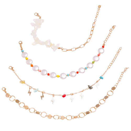 One Set Multi Layer Alloy Colorful Shell Bead Ankle Chain Golden White