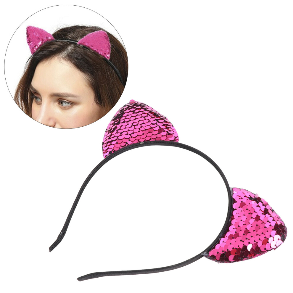Unisex Red Women's Reversible Sequin Cat Ears Headband For Party & Cosplay Rose