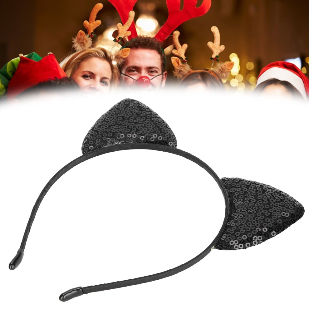 Black Reversible Sequin Cat Ear Headband Sparkly Kitty Hair Hoop For Women