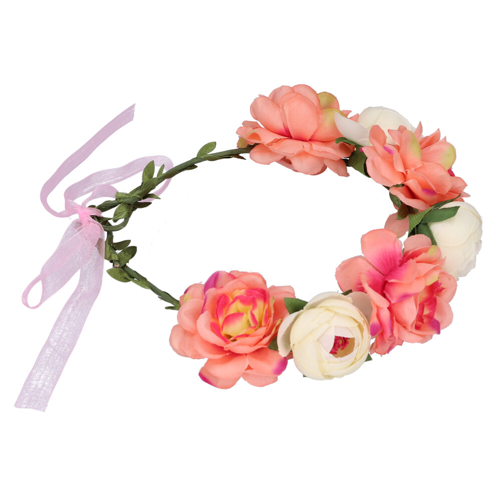 Coral/Beige Adjustable Flower Wreath Headband Floral Garland Crown For Women