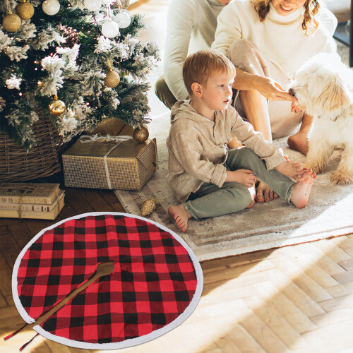 Reusable Thick Polyester Xmas Tree Skirt Rustic Plaid Tree Dress 2