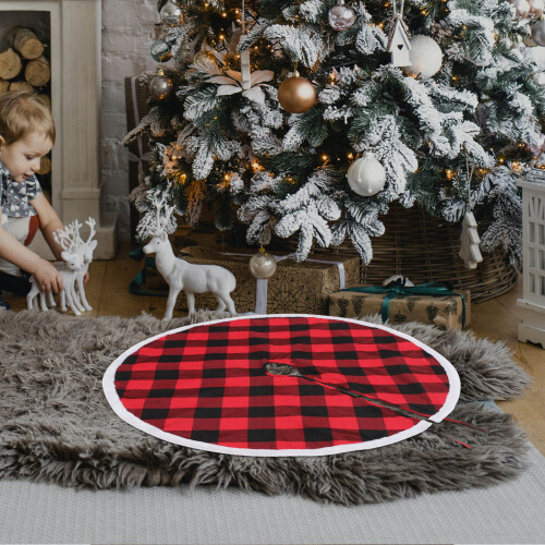 Reusable Thick Polyester Xmas Tree Skirt Rustic Plaid Tree Dress 1