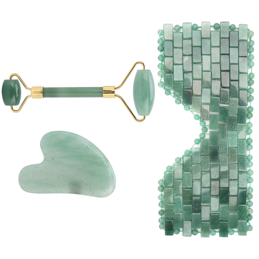 Green 3Pcs Aventurine Facial Roller Gua Sha Set Beauty Massage Tool