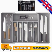 (Grey) Cutlery Drawer Organiser – Adjustable Utensil Tray for Drawers – Expandable Cutlery Set Holder – Compact Drawer Divider for Knives, Forks
