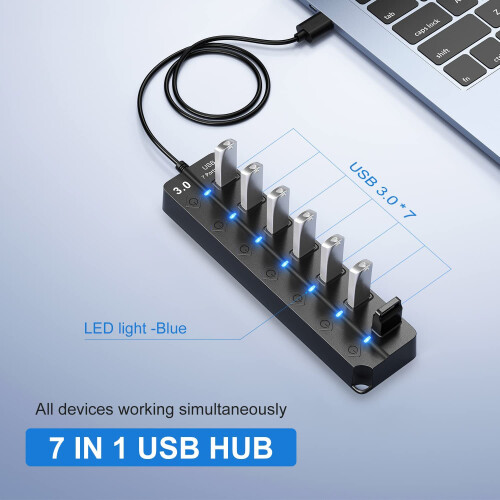 Hub USB de 7 portas com divisor e adaptador 3.0, várias tomadas, interruptores e luzes. 1