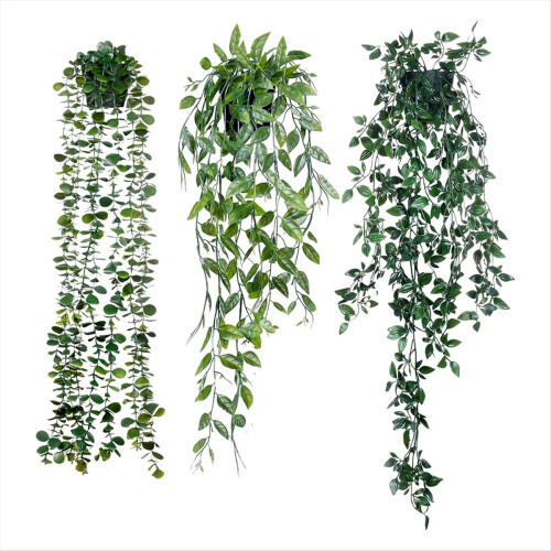Plante artificiale suspendate, pachet de 3, eucalipt, verdeață artificială, viță de vie cu mandala