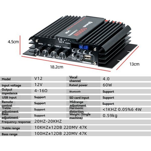 Amplificateur audio stéréo HiFi 4 canaux 12 V Bluetooth 5.0 USB 2