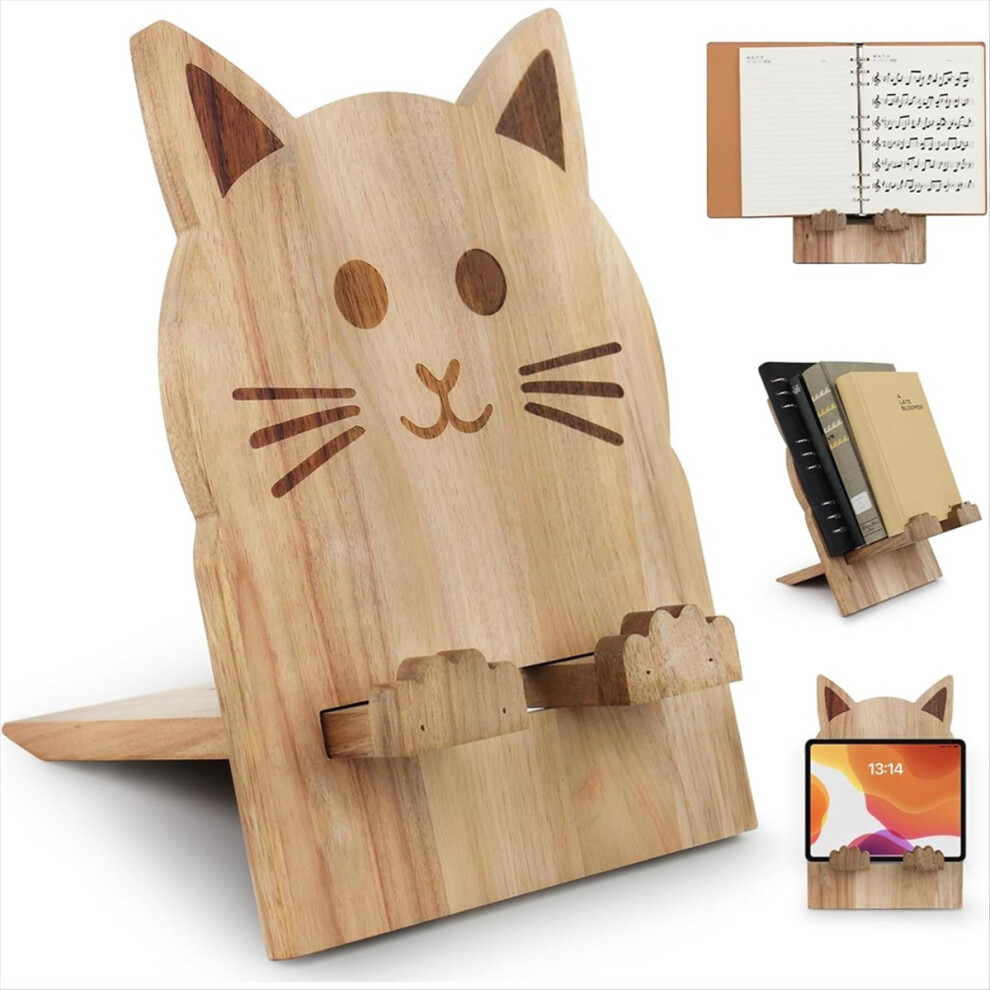 Wood Cookbook Stand for Kitchen Counter Cat Shaped Recipe Holder