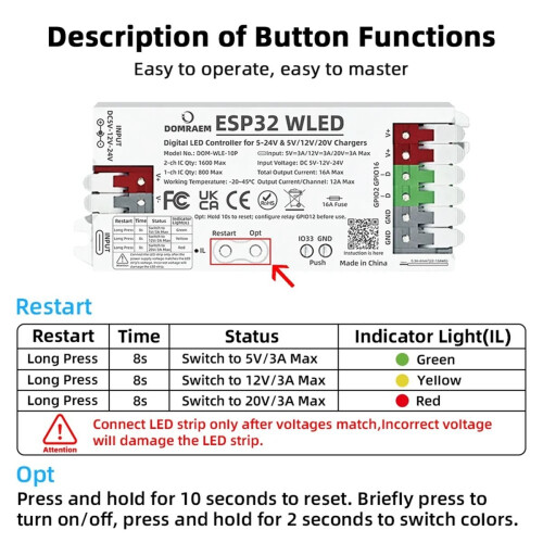 ESP32 WLED-controller - Dobbelt strømforsyning (PD og 5-24V DC) 1