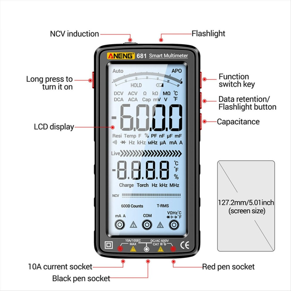 681 Rechargable Digital Multimeter Non-Contact Voltage Tester Meter Lcd Screen Current Black 4853571728745