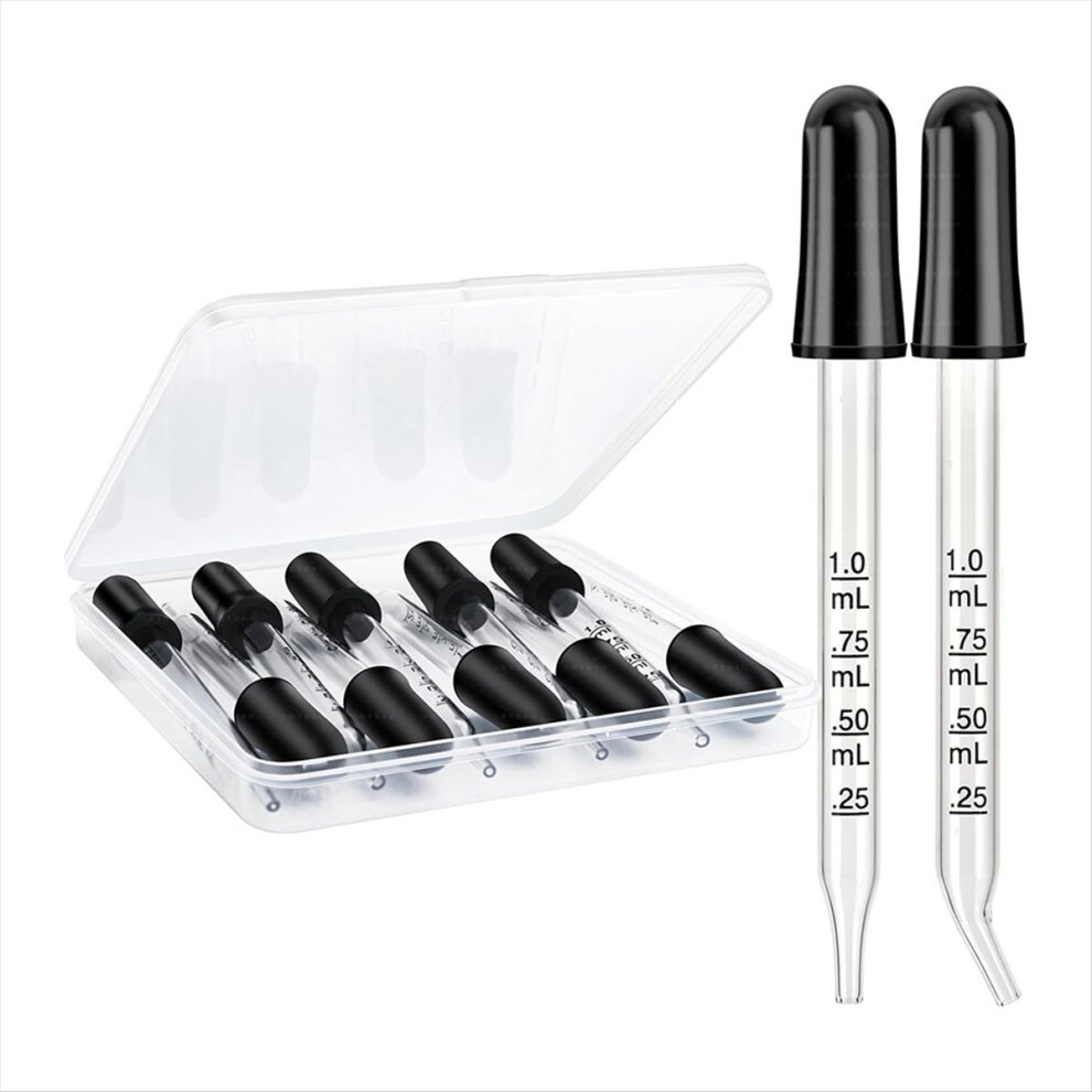 Brecantia 10 Pack Glass Eye Droppers - Curved And Straight Tips, 1 Ml Pipette For Crafts, Measuring Eyedroppers