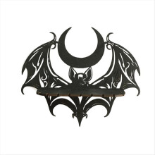 Black Wooden Wall Shelf Gothic Bat Moon Profiling Hollow Pattern Floating Crystal Holder Goth Witch Room Decor