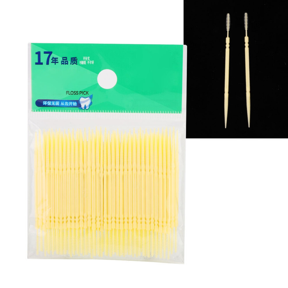 Yellow 100Pcs Double Head Teeth Pick Oral Hygiene Floss Toothpick