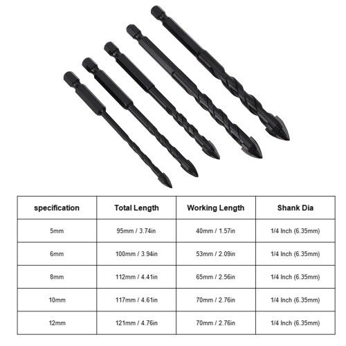 5PCS Masonry Drill Bits Set 1/4 Inch Hex Shank Cemented Carbide 2