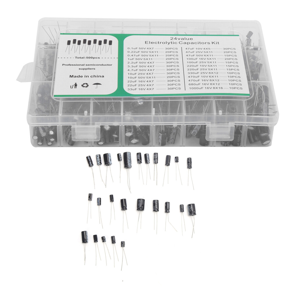 500Pcs Electrolytic Capacitor Kit 0.1Uf-1000Uf 10V-50V Black 8431359152515