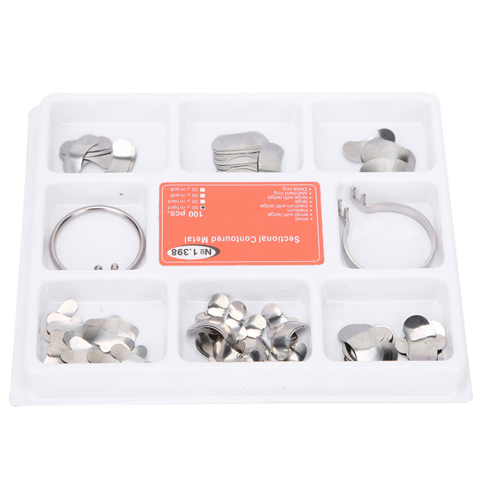 Dental Supplies: 100 Steel Contoured Sectional Matrices + 2 Rings Set