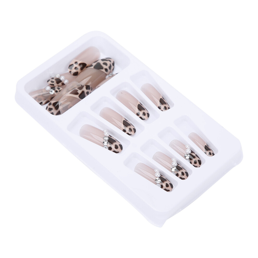 Full Cover Fake Nails 24pcs Leopard Print Faux Pearl Nail Tips Manicure Kit