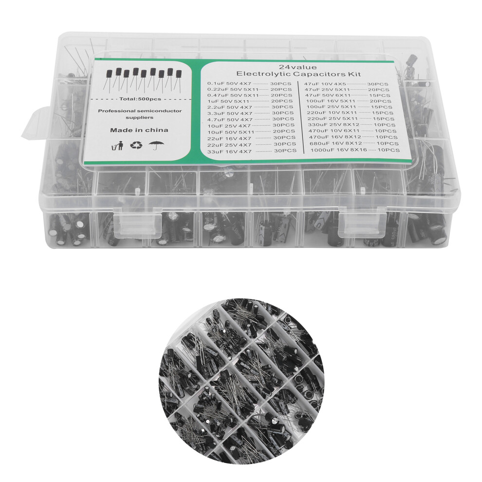 500Pcs Electrolytic Capacitors Kit 0.1Uf-1000Uf 10V-50V Black 8741359188675