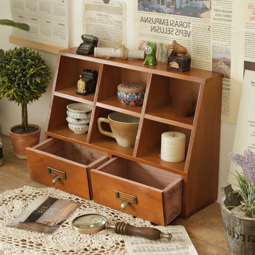 Solid Wood Desktop Organizers With 6 Compartments And 2 Drawers 1