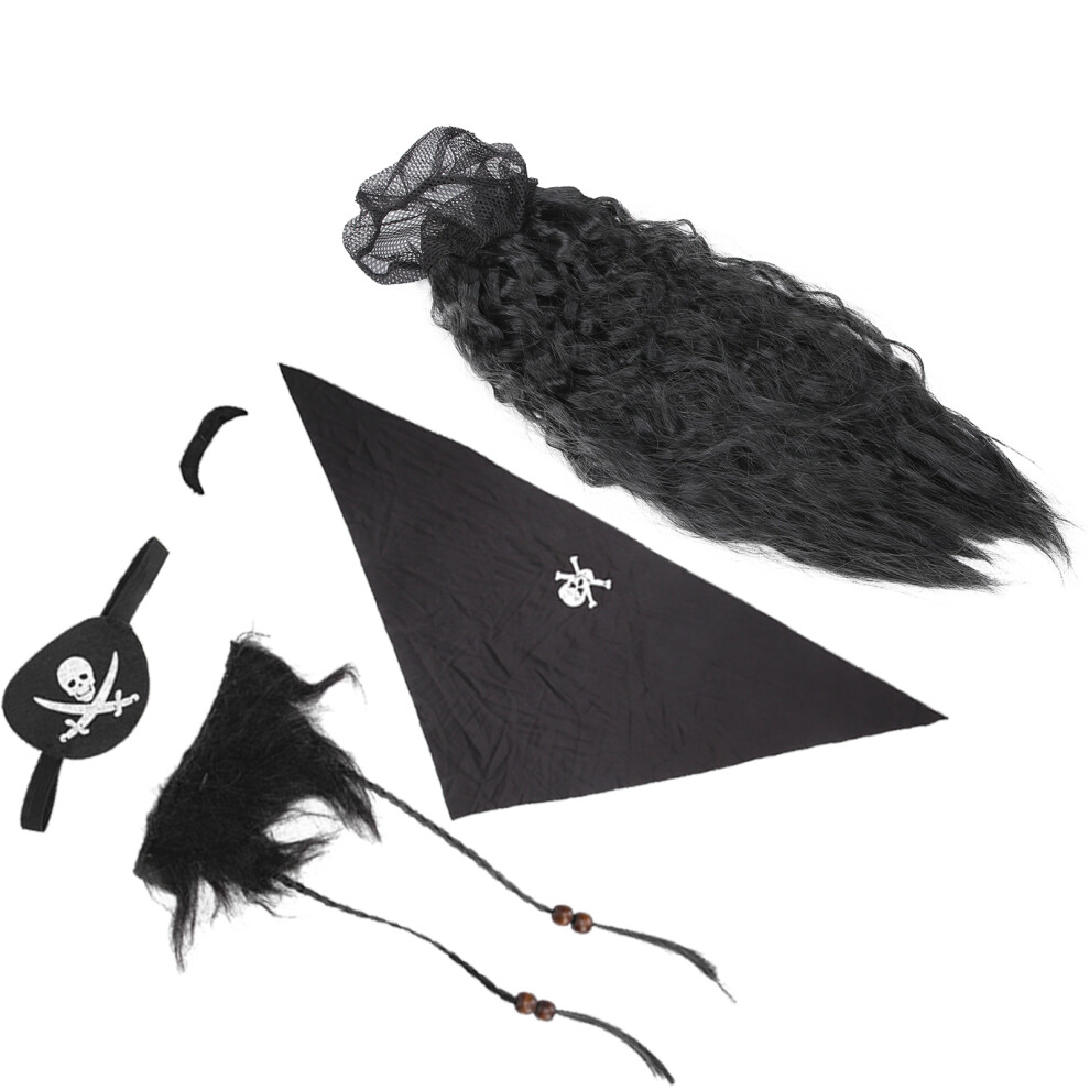Unisex Black Adult Pirate Costume Set With Fake Beard Moustache Wig And Headscarf