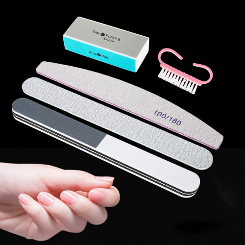 5pcs Nail Files Set with Powder Brush, Durable Buffing Grit Tools