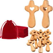 10Pcs Pocket Sized Handheld Wood Crosses with Velvets Bags Set