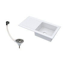 Balterley 1 Bowl Fireclay Ceramic Inset Kitchen Sink with Drainer & Brushed Nickel Waste, 1010mm - White