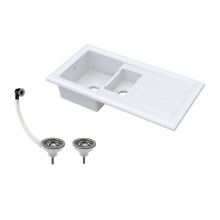 Balterley Traditional 101cm 1.5 Bowl Fireclay Inset Kitchen Sink & Drainer & Brushed Nickel Wastes - White