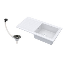 Balterley 1 Bowl Fireclay Ceramic Inset Kitchen Sink with Drainer & Brushed Pewter Waste, 1010mm - White