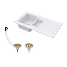 Balterley Traditional 101cm 1.5 Bowl Fireclay Inset Kitchen Sink & Drainer & Brushed Brass Wastes - White