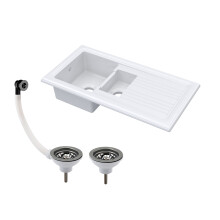 Balterley Traditional 101cm 1.5 Bowl Fireclay Inset Kitchen Sink & Drainer & Brushed Pewter Wastes - White