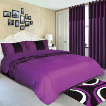 (PURPLE, Matching Curtain-66X54) Luxurious Crushed Velvet Duvet Set with Matching Faux Silk Eyelet Curtains - Available in Multiple Sizes